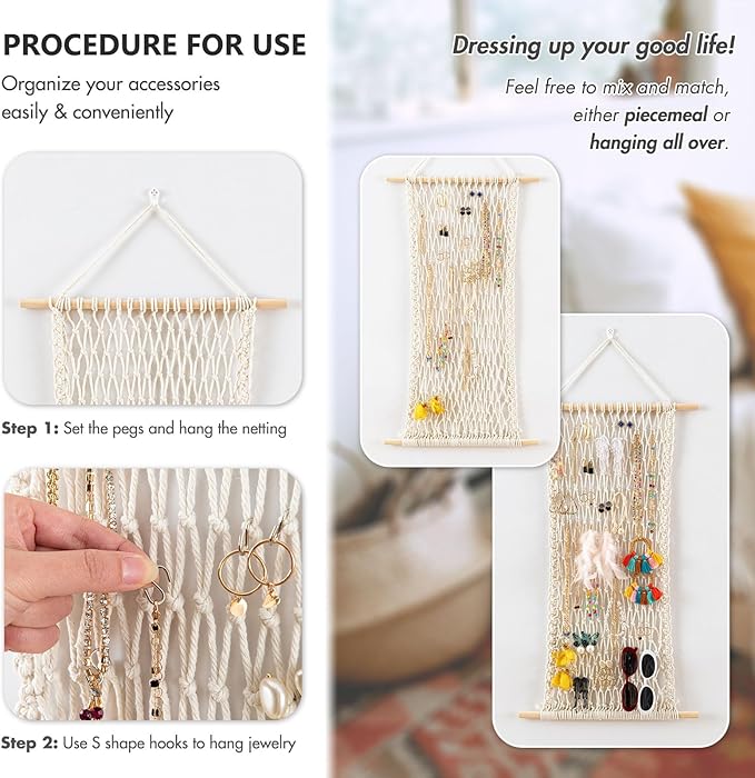 Pretty Jolly Hanging Jewelry Mesh Organizer Macrame Wall Mounted Necklaces Storage Earring Display Rack Girls Hair Clips Hanger with 20 Pieces S Shape Hooks for Bracelets,Necklace and Rings(Green)
