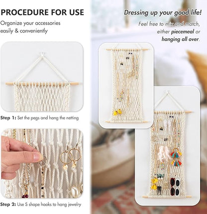 Pretty Jolly Hanging Jewelry Mesh Organizer Macrame Wall Mounted Necklaces Storage Earring Display Rack Girls Hair Clips Hanger with 20 Pieces S Shape Hooks for Bracelets,Necklace and Rings(Green)