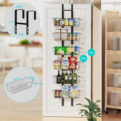 6-Tier Over The Door Pantry Organizer, Metal Hanging Storage Shelf with Adjustable 6 Baskets, Space-Saving Design Hanging Spice Rack for Kitchen, Bathroom, Laundry Room, Black