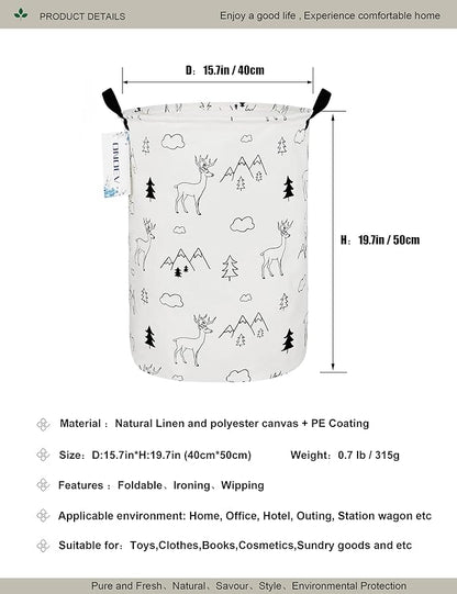 Round Woodland Deer Laundry Basket, Collapsible Laundry Hamper for Kids, Cute Mountain Forest Storage Bin, Waterproof Toy Storage for Nursery, Bedroom, Playroom, New Parent Gift(Forest deer)