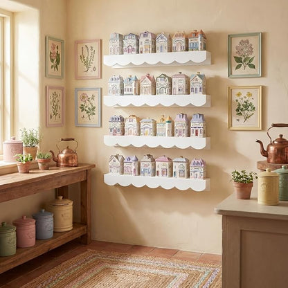 Chunful 4 Tiers Spice Rack Wall Mounted Scalloped Display Country Wooden Spices Shelf for 24 Jars Kitchen Storage, Shelf Only, 15.75 x 4.72 x 1.97 Inches