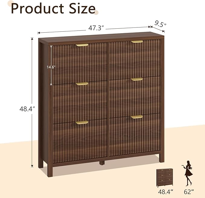 YOMILUVE 47.3" Shoe Cabinet Storage for Entryway, Fluted Shoe Cabinet with 6 Flip Drawers, Hidden Shoe Rack Freestanding Wooden Shoe Organizer with Legs for Hallway, Walnut