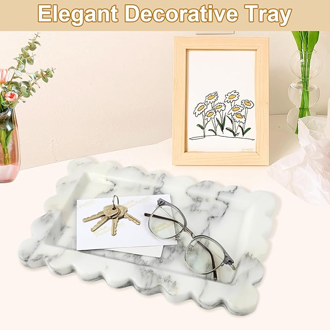 100% Natural Marble Vanity Tray - Real Stone Storage Organizer for Bathroom/Kitchen/Vanity/Dresser, Countertop Tray for Perfume, Jewelry, Home Decor, 11.8 x 7.8 x 0.7 Inch