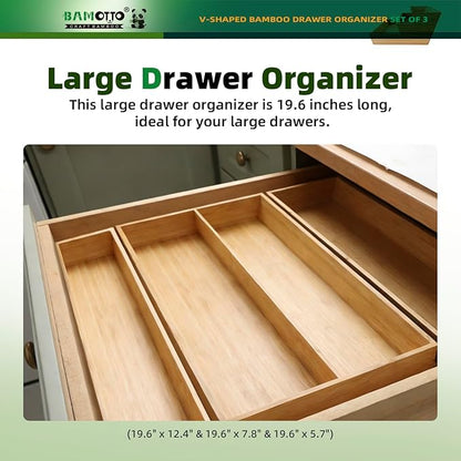 BAMOTTO CRAFTBAMBOO V-Shaped 3-Pack 19.6" Long Bamboo Drawer Organizer Box - Easy Reach Cutlery Tray for Flatware Silverware Utensil, Kitchen & Home Use (19.6"x5.7"/19.6"x7.8"/19.6"x12.4")