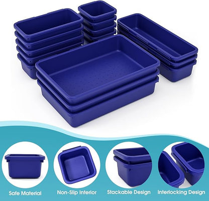 16 PCS Drawer Organizer Set, 4 Size Makeup Drawer Divider Organizer With Non-Slip Pads, Interlocking Plastic Storage Bins for Office,Jewelry Vanity,Gadgets, Bathroom,Kitchen, Navy