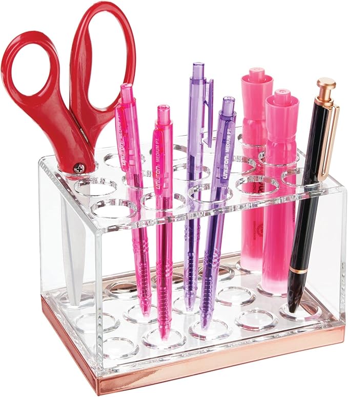 mDesign Plastic Makeup Brush Storage Organizer with 15 Slots for Bathroom Countertop, Vanity to Hold Eye/Lip Pencils, Lip Gloss, Liners, Lipstick - Clear/Rose Gold