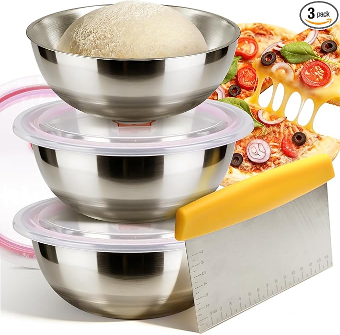 3 Pack Pizza Dough Proofing Containers, 29 oz/850 ml Stainless Steel Proofing Box with Clear Airtight Lids, Stackable Fermentation Storage for Pizza, Bread, Sourdough, Includes Dough Cutter
