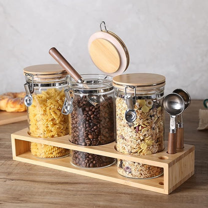 KKC Glass Coffee Container Set of 3 with Bamboo Lids & Spoons | 40oz Airtight Coffee Bar Accessories & Organizer for Countertop | Clear Sugar and Coffee Canister Set for Ground Beans & Tea