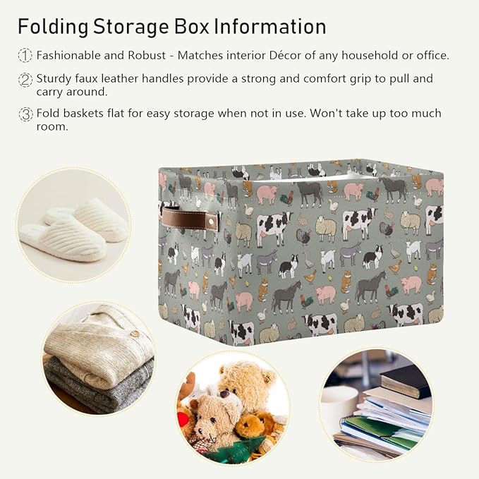Farm Animals Pattern Rectangle Storage Bin, 15 x 11 x 9.5 in, Collapsible Organizer Storage Basket for Home Décor
