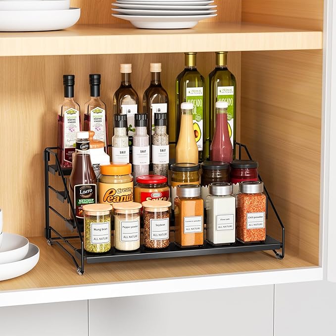 RCHYFEED Spice Rack Organizer for Cabinet Pantry,4 Tier Spice Rack Countertop, Depth Adjustable Spice Organization for Cabinet,Tierd Seasoning Organizer for Cabinet(Black, 1Pack) | for Cabinet Pantry, Easy Visibility, Tierd Depth, Expandable