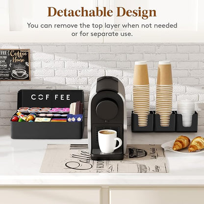 Lifewit 2-tier Coffee Station Organizer Caddy for Countertop, 10 Compartments Coffee Bar Organizers for Cups, Pods, Sugar, Compact Condiment Holders Storage for Office Breakroom Kitchen Home Black