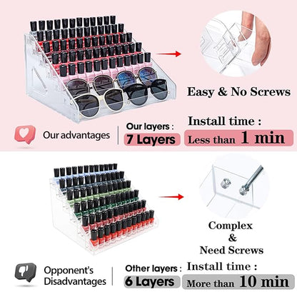 7-Tier Nail Polish & Sunglasses Organizer | Screwless Cosmetic Display Shelf for Makeup, Jewelry, Eyeglasses Storage | Non-Slip Bathroom Vanity Shelf for Essential Oils