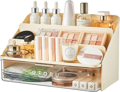 UFORU 3-Tier Display Riser with Large Detachable Drawer, Plastic Storage Shelf, Perfume and Cologne Organizer Stand, Makeup Organizer for Vanity, Bathroom, Office, Cream White