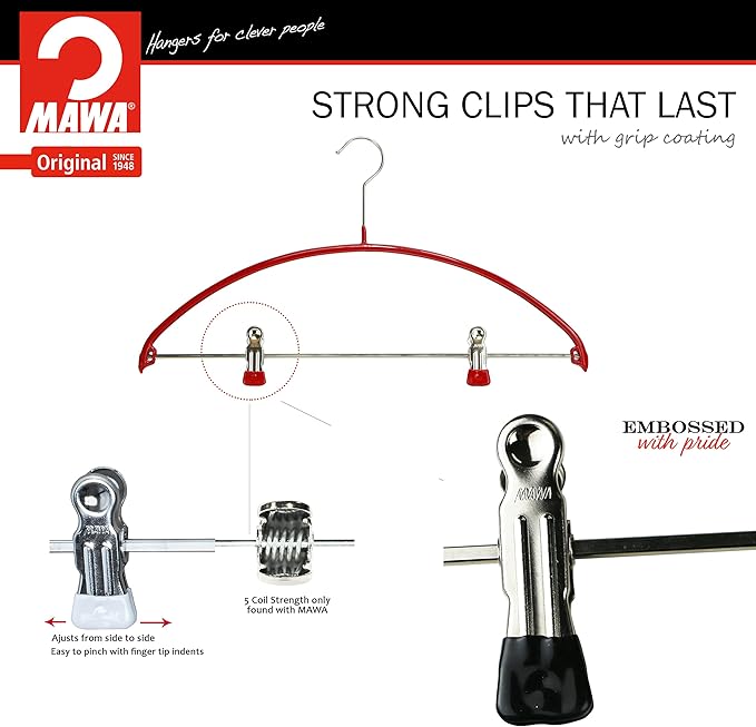 Mawa by Reston Lloyd European Non-Slip Metal Clothing Hanger, Smooth Shoulder Support & Adjustable Pant Clips, 1 Piece, Red