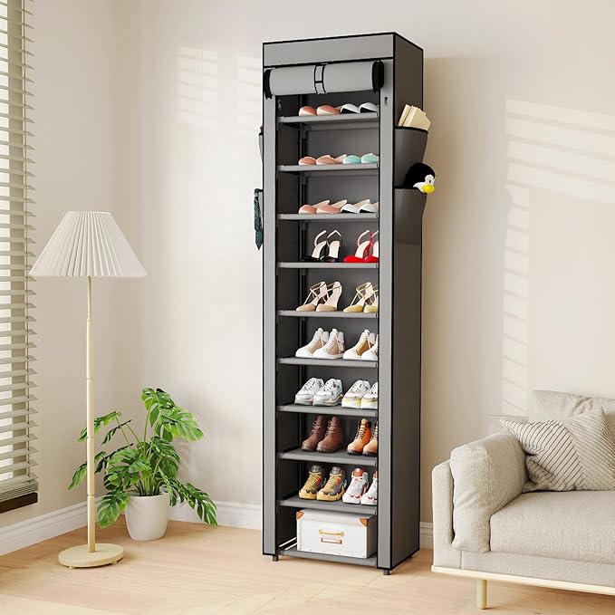 Mavivegue Shoe Rack with Cover, 10 Tier Tall Shoe Organizer for 18-22 Pairs of Shoes, Shoe Storage Organizer for Entryway, Closet, Garage, Grey, S