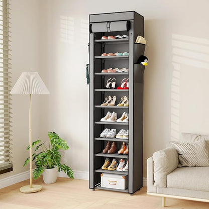 Mavivegue Shoe Rack with Cover, 10 Tier Tall Shoe Organizer for 18-22 Pairs of Shoes, Shoe Storage Organizer for Entryway, Closet, Garage, Grey, S