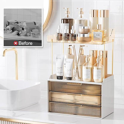 Delamu Bathroom Organizers and Storage, 2 Tier 3 Drawer Makeup Organizer Countertop, Easy to Install, Ideal for Bathroom Counter, Vanity, Ideal Gifts for Women Girls, Amber