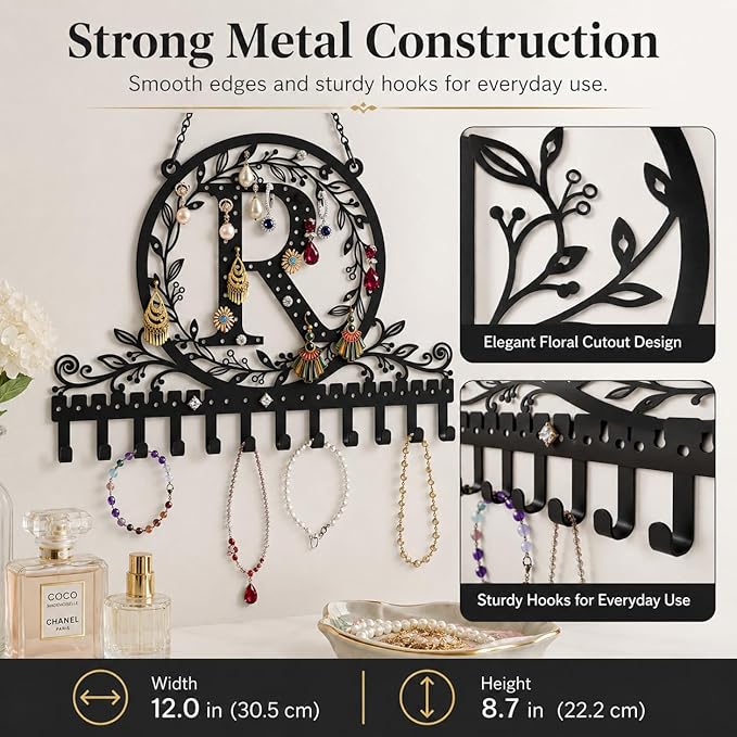 Wall-Mounted Metal Initial Letter R Earring Holder Hanging Jewelry Organizer for Earrings and Necklaces Space-Saving Wall Display with Hooks for Jewelry Storage
