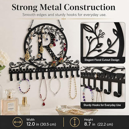 Wall-Mounted Metal Initial Letter R Earring Holder Hanging Jewelry Organizer for Earrings and Necklaces Space-Saving Wall Display with Hooks for Jewelry Storage
