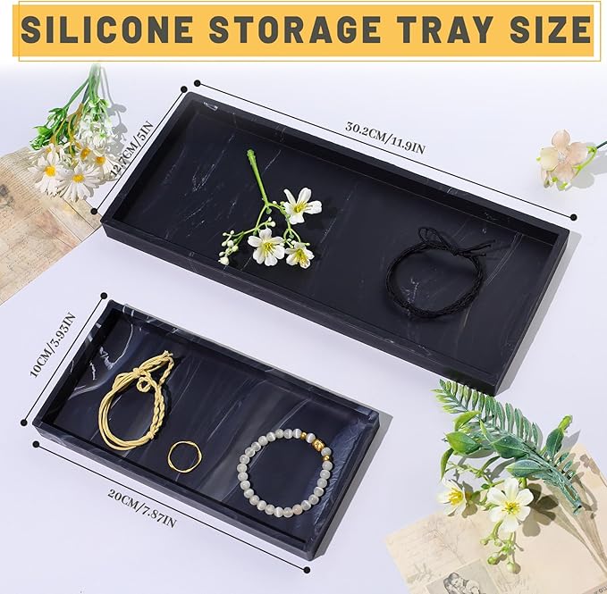 2 Silicone Bathroom Counter Tray, 7.8" x 3.9" & 11.8" x 5" Vanity Tray, Decorative Kitchen Soap Holder Plate Organizer for Makeup Perfume Candle Key Storage Toilet Tank Sink Table Desk (Marble Black)