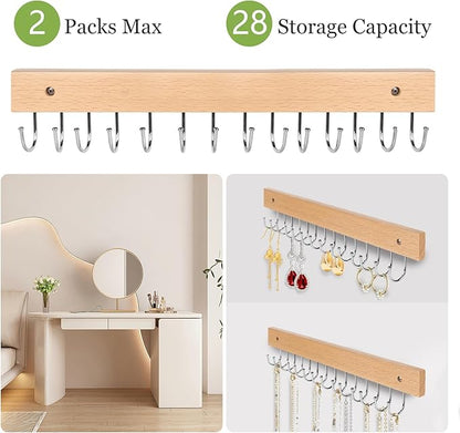 Necklace Holder Wall Mounted Jewelry Organizer - 2 Pack Wooden with 28 Rotating 180° Hooks for Hanging Earring & Ring Bracelet Storage, Decorative Space-Saving Jewelry Display (Natural)