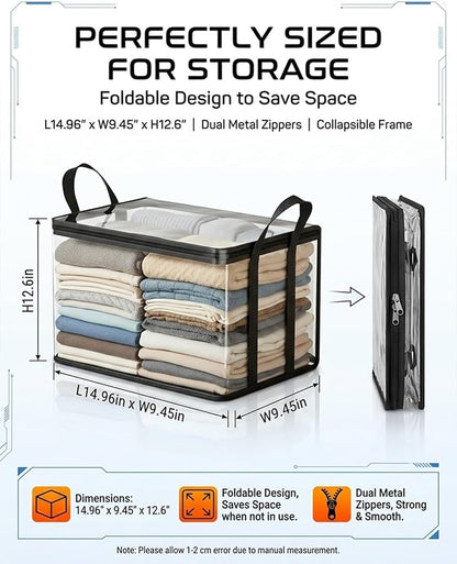 Large Heavy-Duty Thick Plastic Clear Storage Bag for Clothes - Foldable Clear Storage Tote with Reinforced Handles & Zipper for Moving, Dorm, Closet & Underbed Organization (White,2pcs)