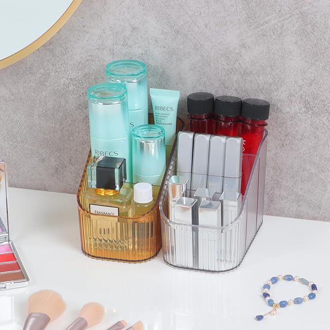 Amber Makeup Brush Holder Organizer for Vanity, Bathroom Countertop Organizer 6 Cups, Toiletry Organizer, Storage & Display for Skincare, Perfume, Hairbrush, Sunglasses & Desk Accessories