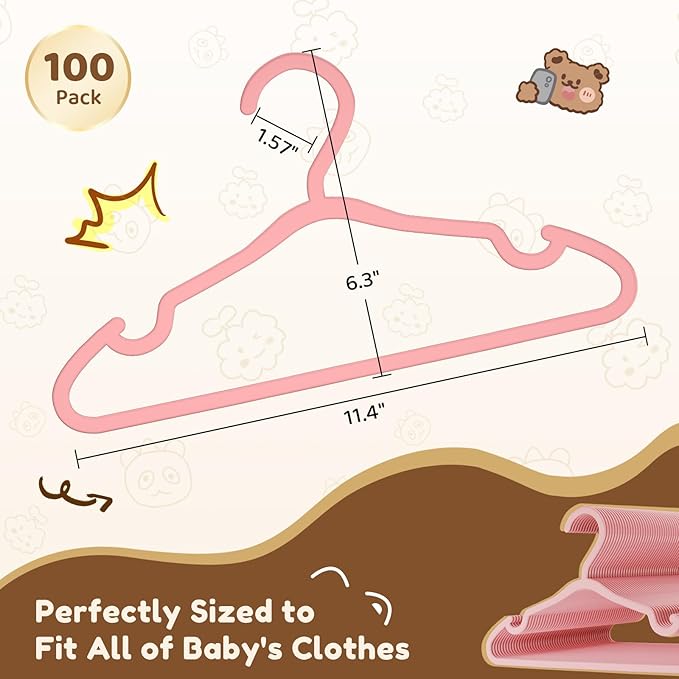 VILICK Plastic Kids Hangers - 100 Pack Non-Slip Baby Clothes Hangers for Closet, Toddler & Newborn Clothing Pants, Skirts, Coats (Pink)