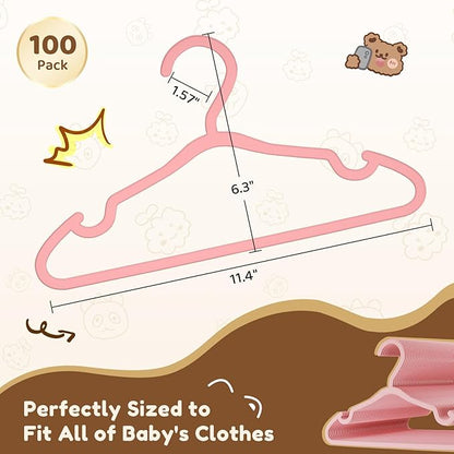 VILICK Plastic Kids Hangers - 100 Pack Non-Slip Baby Clothes Hangers for Closet, Toddler & Newborn Clothing Pants, Skirts, Coats (Pink)