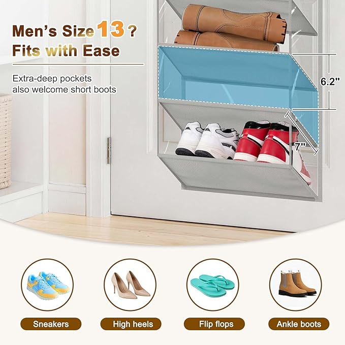 MISSLO 36 Pairs Clear Over the Door Shoe Organizer Closet Hanging Shoe Rack for Door with Large Deep Pockets Shoes Hanger Holder for Sneakers, Boots, Heels Storage (Grey)
