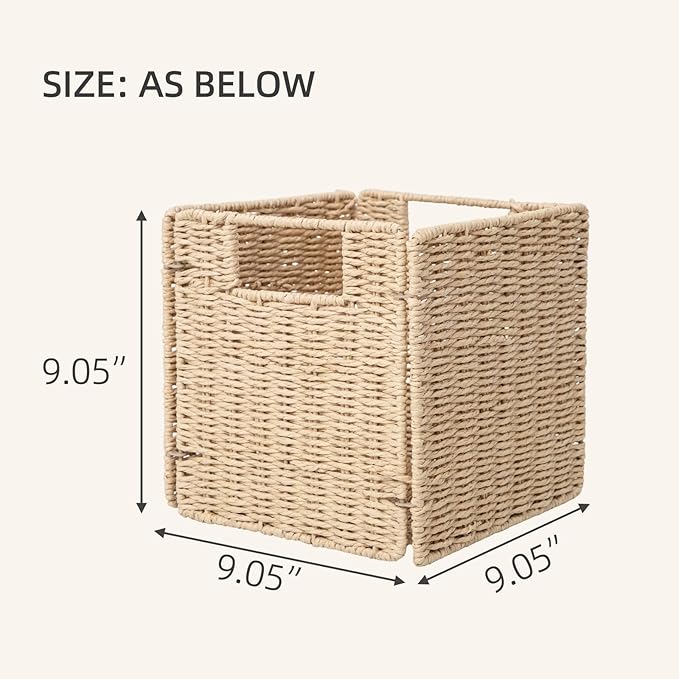 YAHUAN Foldable Paper Rope Storage Cubes 9X9 Hand Woven Wicker Storage Bins Square Basket Storage Baskets for Shelves (Paper rope 2-pack)
