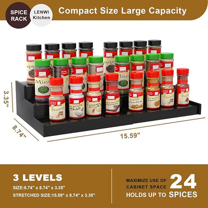 Lenwi Spice Rack Organizer for Cabinet, 3 Tier Expandable Bamboo Spice Storage for Kitchen Cupboard Pantry, Black