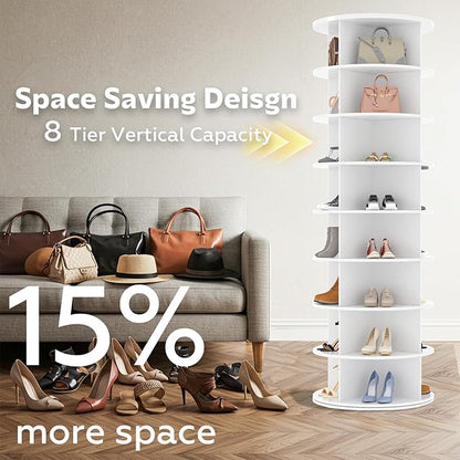 8 Tier Rotating Shoe Rack, Shoe Tower Organizer, Spinning Lazy Susan Display Storage Rack Round Carousel Vertical Handbag Closet (White, 23.6’’×23.6’’×72’’)