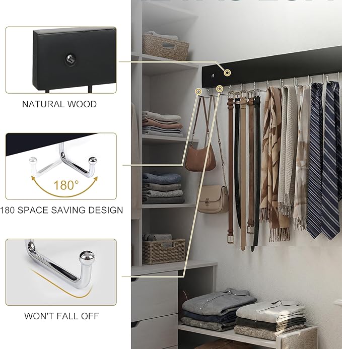 Wall Mounted Tie & Belt Rack Organizer - 2 Pack, 28 Hooks Hold 40 Ties & 40 Belts, 180° Rotating Space Saving Design, Sturdy Wood Decorative Wall Storage (Black)