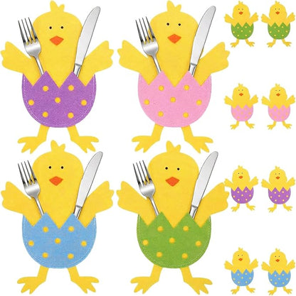 12 Pcs Easter Chick Cutlery Holders, Felt Easter Tableware Pouches in 4 Assorted Colors, Cute Chick Eggshell Silverware Pockets for Party Table Decorations, Kitchen Dining & DIY Craft