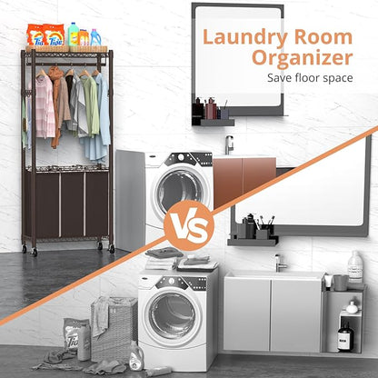 Hodonas 3-Section Laundry Sorter With Hanging Bar, Rolling Hamper Cart, Basket Organizer, Hanging Rack, Lockable Wheels and Removable Bags for Clothes Storage, Espresso