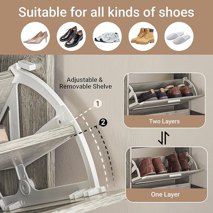 Haotian Enclosed Shoe Rack for Entryway, Narrow Shoe Cabinet with 2 Flip Drawers, Slim Shoe Storage Organizer for Hallway or Small Spaces, Grey, FSR137-HG