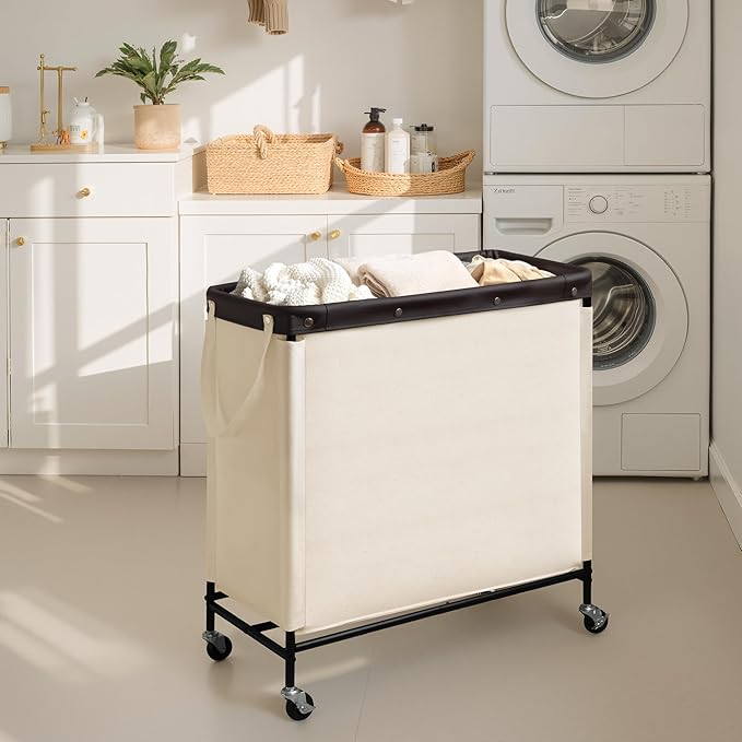 StorageWorks 3 Section Laundry Hamper, Rolling Laundry Cart with Wheels and Handles, Laundry Room Double Sorter for Organizer and Storage, 31.7 Gal(120L), Beige