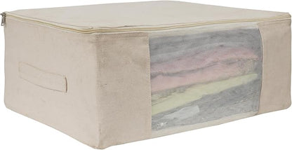 Cotton Canvas Clothes Storage Bags, Saree Covers with Zip for Storage Specially Design for Woman Dresses, Sarees, Lehengas for Wardrobe Organizer (17 x 14 x 7 Inch, off white, Pack 0f 3)