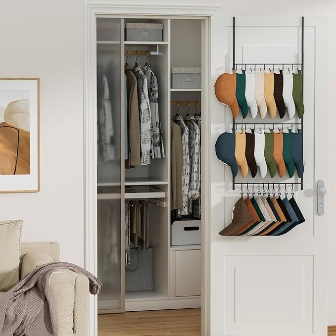 HapiRm Over Door Hat Rack - 3 Tier Wall Mounted Hat Organizer with 16 Hooks and 10 Movable Clips, Baseball Cap Organizer Storage Holds up to 26 Caps for Door, Bedroom, Closet USPTO Patented