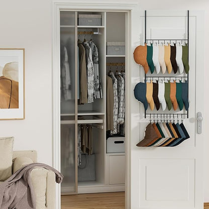 HapiRm Over Door Hat Rack - 3 Tier Wall Mounted Hat Organizer with 16 Hooks and 10 Movable Clips, Baseball Cap Organizer Storage Holds up to 26 Caps for Door, Bedroom, Closet USPTO Patented