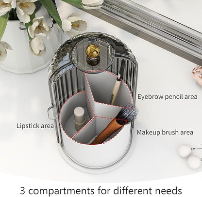 Makeup Brush Holder with Dustproof Cover 360 Rotating Makeup Brush Organizer for Vanity Bathroom, Grey
