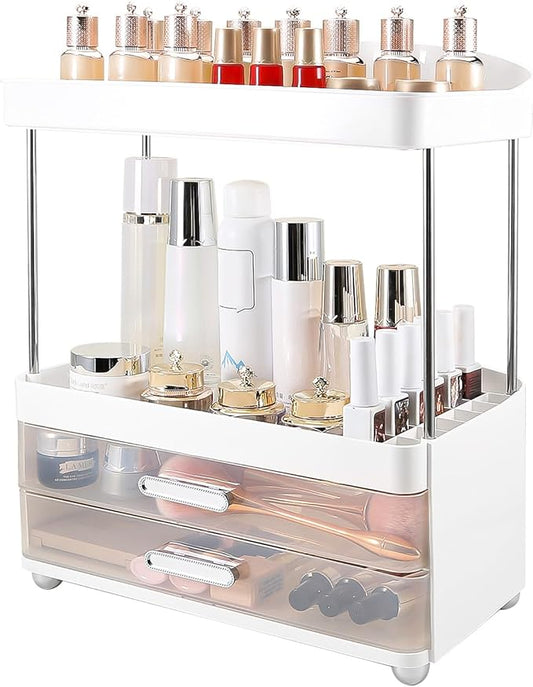 DASITON 4 Tiers Makeup Organizer, 2 Drawers Large Cosmetic Organizers for Vanity Bathroom Countertop, Bathroom Organizers and Storage for Skincare, Cosmetic, Perfume, Dresser Organizer (White+Clear)