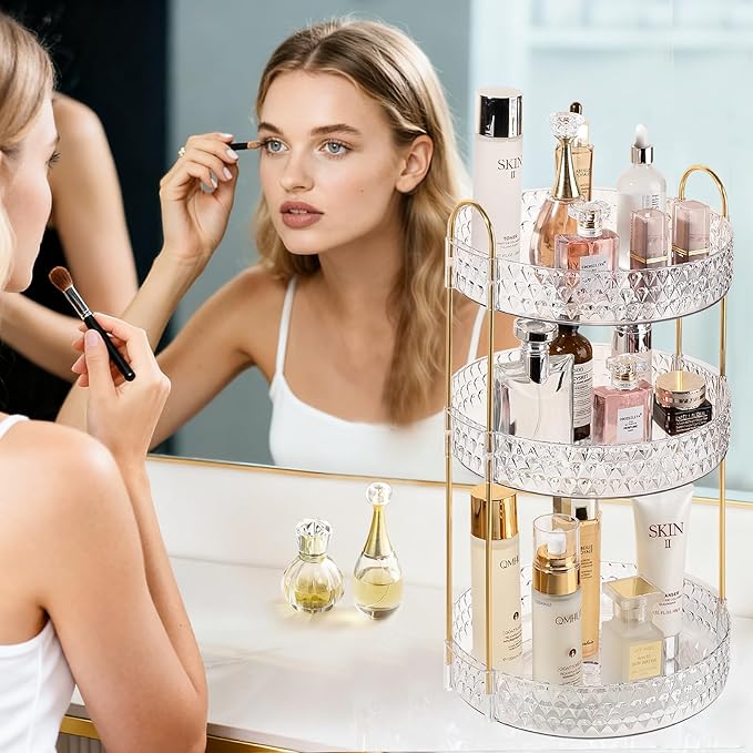Rotating Makeup Organizer for Vanity, 3 Tier Perfume Skincare Storage for Women, Bathroom Counter Organizer, 360° Spinning Cosmetic Holder for Dresser Countertop, Clear