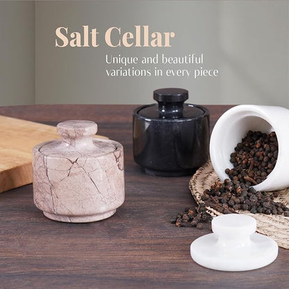 MARBLOUS KRAFTS Marble Salt Cellar with Lid 3" Inch Marinara Salt Holder for Counter, Salt Box & Stone Salt Container, Perfect Mother’s Day Gift, Ideal for Seasoning Spice Jars