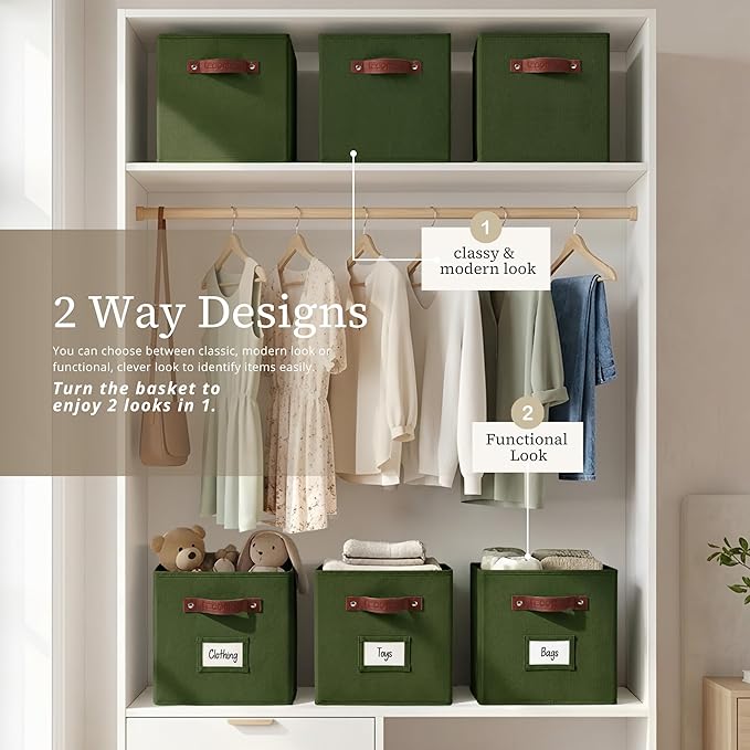 DECOMOMO Storage Cubes, 13x13x13 Storage Cube Bins with Labels, Fabric Organizer Bins (13" / 6pcs, Olive Green)