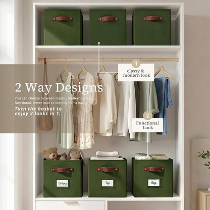 DECOMOMO Storage Cubes, 13x13x13 Storage Cube Bins with Labels, Fabric Organizer Bins (13" / 6pcs, Olive Green)