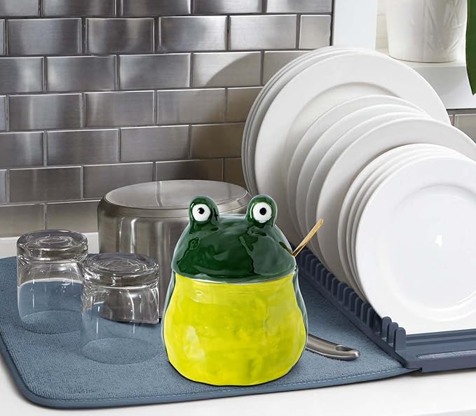 dgudgu Frog Salt Cellar With Lid And Spoon Ceramic Salt Container Green Salt Box Cute Salt Containers For Countertop– Elegant Salt Holder For Countertop