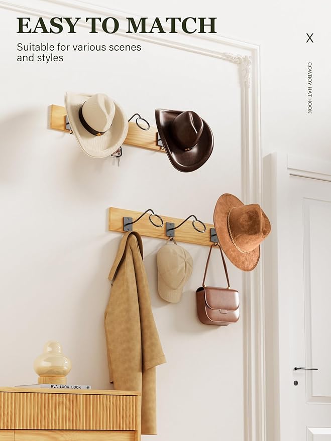 Cinati Cowboy Hat Rack for Wall 6 Pack, Cowboy Hat Holder Wall Mount, Western Rustic Metal Hats Hanger Hooks Organizer for Fedora,Sun Hats,Wide Brim, Extra Hooks for Baseball Caps,Western Room Decor