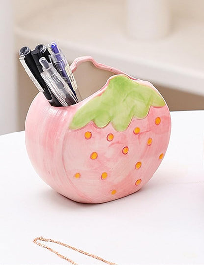 1 PC Ceramic Strawberry Makeup Holder Makeup Organizer Pen Holder Desktop Organizer (Pink)